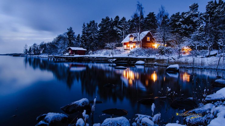风景 雪景 湖泊 房屋
